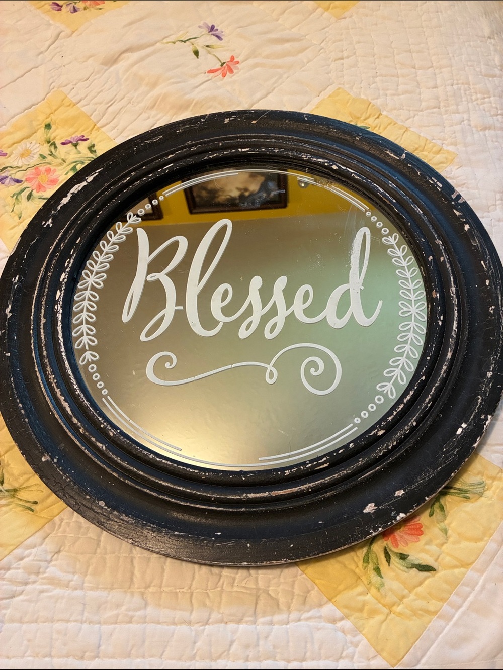 Round 'Blessed' Distressed Black Wall Mirror - Farmhouse Wall Decor